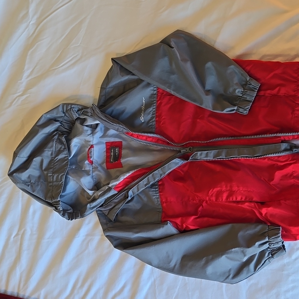 Eddie Bauer Boys' Double-Zip Hooded Windbreaker in Red & Gray, Size XS (5/6 yrs)